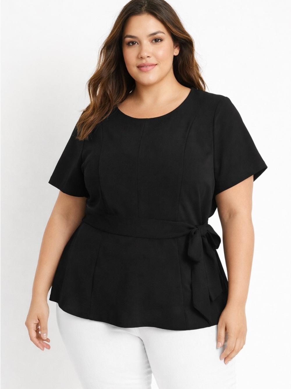 Lane Bryant Black Tie Back Bow Blouse Short Sleeve Structured Career Church 18
